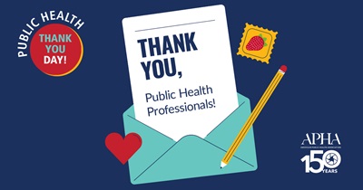 Public Health Thank You Day graphic for Facebook, with a letter saying "Thank You, Public Health Professionals" coming out of an envelope, with a pencil, a stamp and a heart