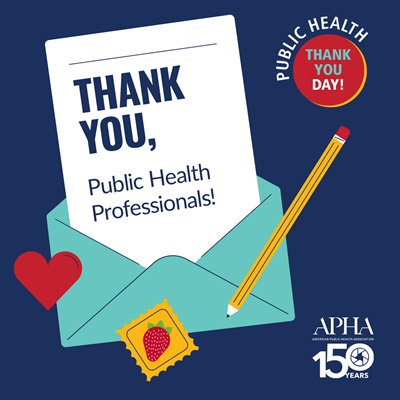 Public Health Thank You Day graphic for Instagram, with a letter saying "Thank You, Public Health Professionals" coming out of an envelope, with a pencil, a stamp and a heart