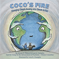 Coco's Fire book cover. Illustration centered on the Atlantic Ocean framed by two continents with faces. Two squirrels are framed at the bottom.