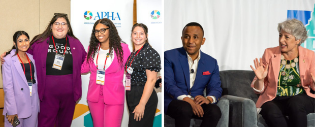 Two photos from the 2023 Policy Action Institute. In the first, four attendees pose for a photo in front of an APHA banner. In the second, two panelists are sitting on stage. One is speaking and gesturing with her hands.